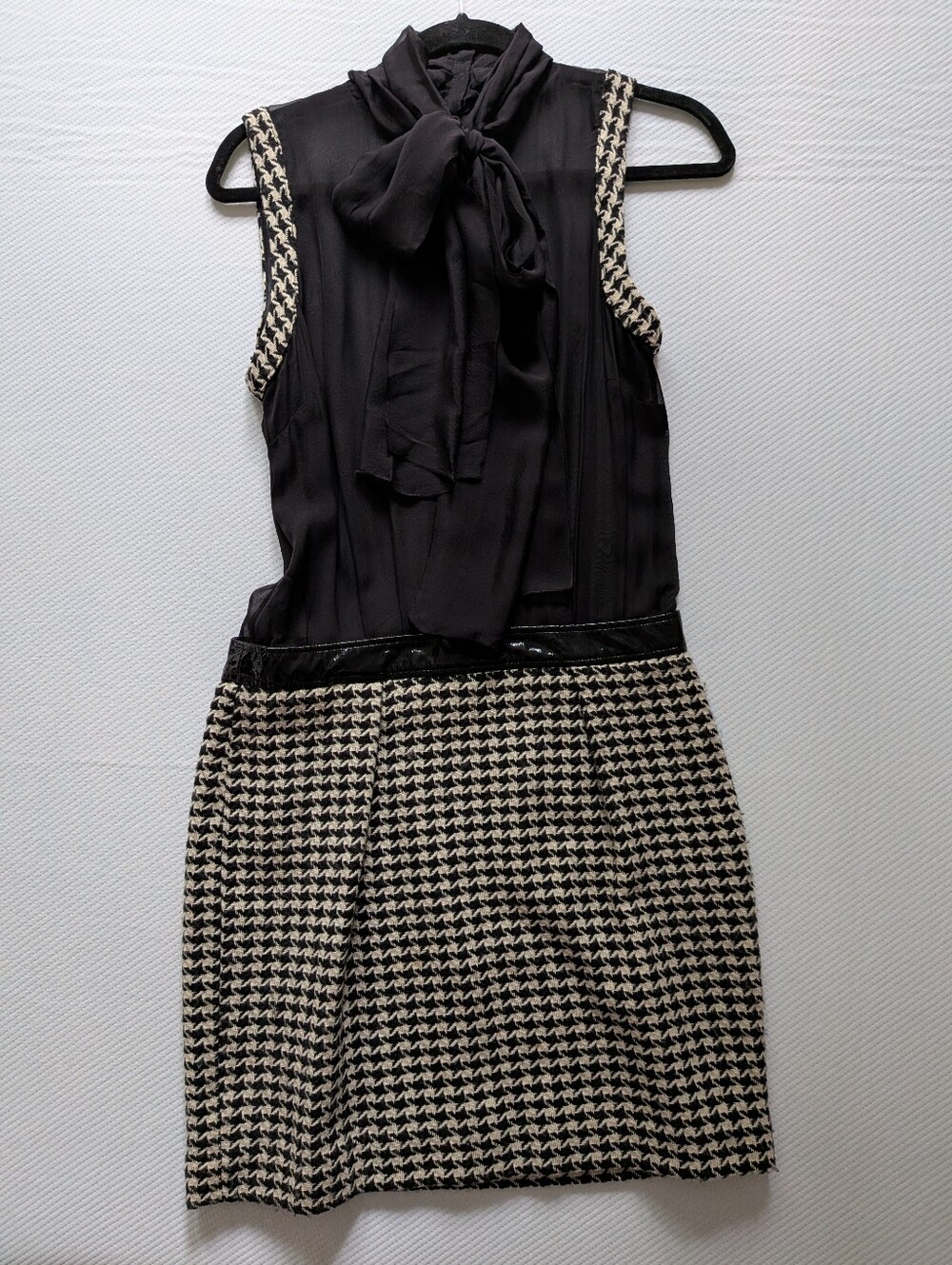 D&G Dolce & Gabbana Houndstooth Mixed Media Bow Dress Black Cream IT 42